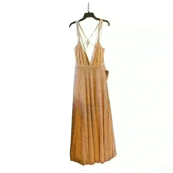 NWT Mac Duggal Size 10 Sleeveless Beaded Open Back Gown Nude Silver - Picture 5 of 14